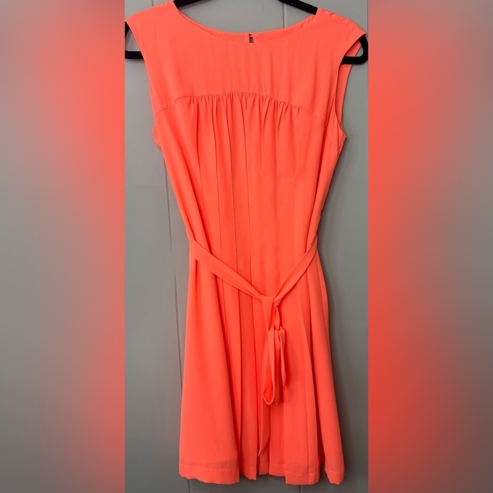 NWT LOFT Neon Orange Belted Pleated Swing Dress Womens Size 6P